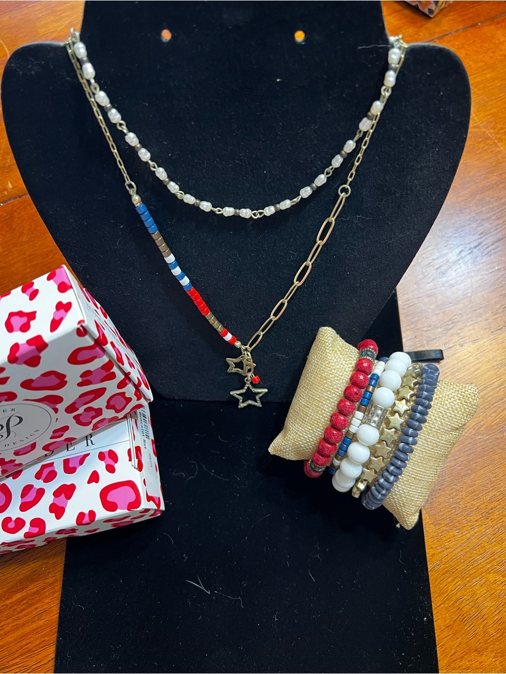 Plunder Layered Pearl & Beaded Star Necklace in Gold, White, Red & Blue